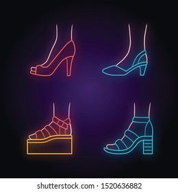 Women summer shoes neon light icons set. Female elegant formal and casual footwear. Stylish platform and block heel sandals. Fashionable stilettos. Glowing signs. Vector isolated illustrations