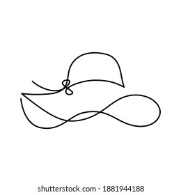 Women sun hat in continuous line art drawing style  Female summer hat and decorative bow knot  Minimalist black linear design isolated white background  Vector illustration