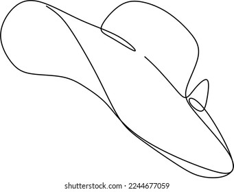 Women sun hat in continuous line art drawing style. Female summer hat with decorative bow knot. Minimalist black linear design isolated on white background. Vector illustration