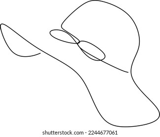 Women sun hat in continuous line art drawing style. Female summer hat with decorative bow knot. Minimalist black linear design isolated on white background. Vector illustration