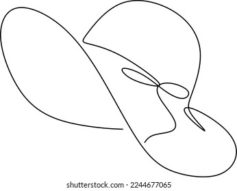 Women sun hat in continuous line art drawing style. Female summer hat with decorative bow knot. Minimalist black linear design isolated on white background. Vector illustration