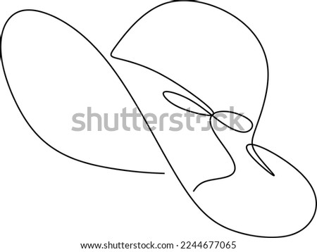 Women sun hat in continuous line art drawing style. Female summer hat with decorative bow knot. Minimalist black linear design isolated on white background. Vector illustration