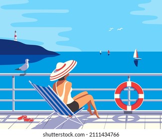 Women in sun hat on cruise vessel enjoy summer seaside landscape. Blue ocean scenic view background. Holiday vacation season sea travel leisure illustration. Sea sailing relax tourist vector poster
