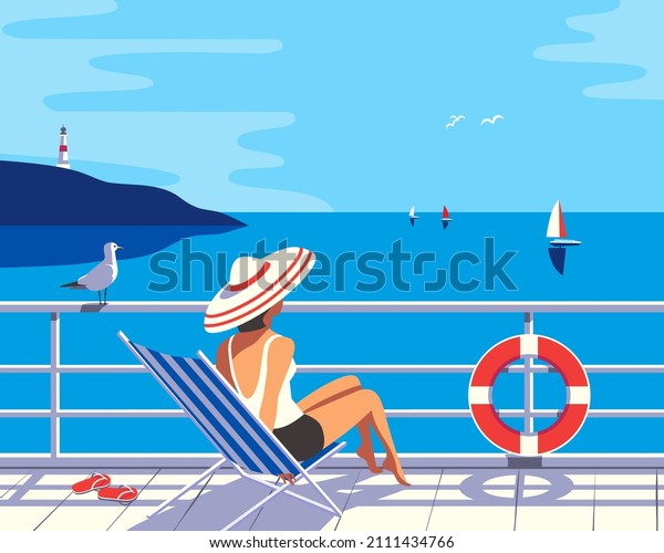 Women in sun hat on cruise vessel enjoy summer
seaside landscape. Blue ocean scenic view background. Holiday
vacation season sea travel leisure illustration. Sea sailing relax
tourist vector poster