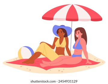 Mujeres tomando el sol en la playa. Chicas en traje de baño relajándose bajo el paraguas, hermosas damas en vacaciones de verano Ilustración vectorial plana. Mujeres en la playa