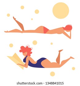 Women sunbathing on the beach Vector. Cartoon. Isolated art on white background. Flat