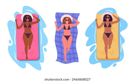 Mujeres tomando el sol en juguetes inflables. Chicas en traje de baño relajante en el agua, hermosas damas en vacaciones de verano conjunto de Ilustración vectorial plana. Carácter femenino en colchones inflables