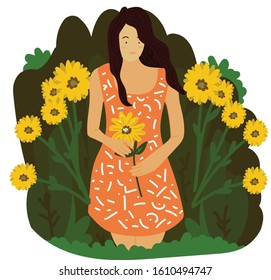 women in the sunflower field hold flowers and stand, women with flowers, dresses and long hair blown in the wind. Vector illustration of beautiful young people flat cartoon