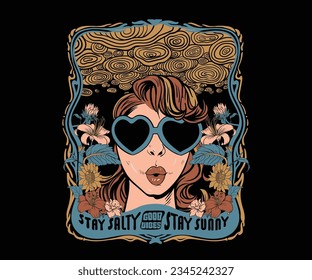 women in sunglass vector illustration, lady with flower artwork, hippie girl print design, retro vintage artwork for t shirt, poster, sticker