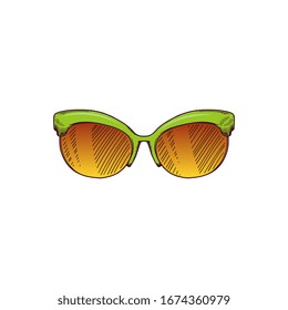 Women sunglasses in 60-x fashion style icon, vector sketch doodle illustration isolated on white background. Summer trendy accessory for sun protection.