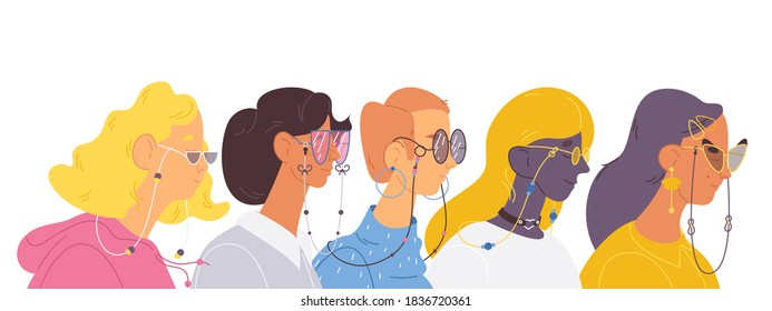 Women in sunglasses with glasses chain. Modern style heads of various nations and hair color with closed eyes