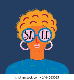 A women in a sunglasses with sign sale discount illustration for promotion poster, tag or banner.