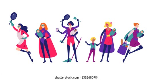 Women in superhero costumes do housework, cleaning, and raising children.