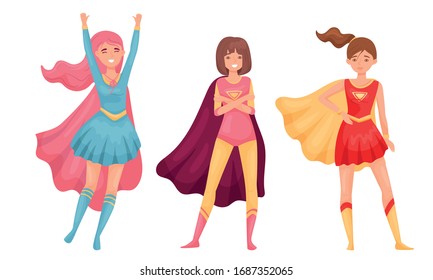 Women Superheros Wearing Cloak and Posing Vector Set