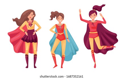Women Superheros Wearing Cloak and Posing Vector Set