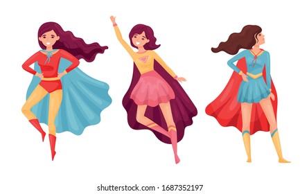 Women Superheros Wearing Cloak and Posing Vector Set