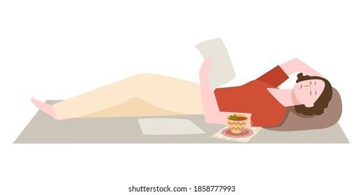 Women supine on carpet sleepy while reading text paper white isolated background with flat cartoon style design illustration