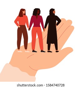 Women support each other. Three confident and strong girls holding hands and standing together on a big female hand. Feminism concept, girl power. Vector illustration in flat cartoon style.