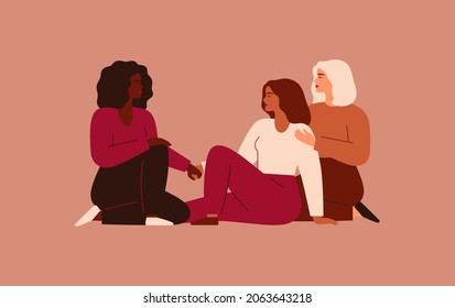 Women Support Each Other. Three Female Characters Sit Together And Hold Arms. Friendship Poster, The Union Of Feminists And Sisterhood. Vector Illustration