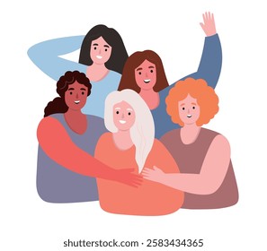 Women support each other together. Different girls are happy, cheerful. Vector flat graphics.