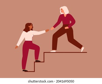 Women support each other. Two females rise up together on the stairs. Woman extends a helping hand to her friend. Woman helps her colleagues to climb career ladder. Vector illustration