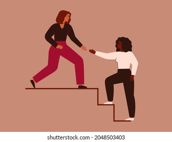 Women support each other. Two females rise up together on the stairs. Woman extends a helping hand to her friend. Woman helps her colleagues to climb career ladder. Vector illustration