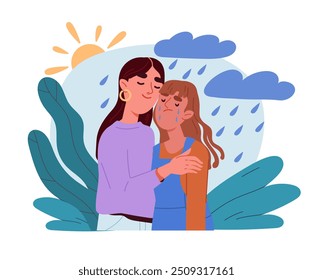 Women support each other. Young girl hugging under rain. People with negative feelings and emotions. Depression and frustration, sorrow. Flat vector illustration isolated on white background