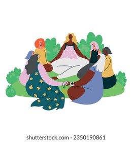 Women support group sitting in circle in nature vector illustration.