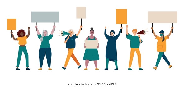 Women support protest. Women of different nationalities and cultures. Group of women protesting and vindicating their rights holding banners, megaphones and placards. Female march for rights.