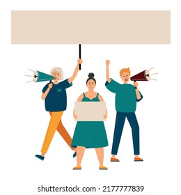 Frauen unterstützen Protest. Gruppe von Frauen, die ihre Rechte mit Bannern, Megaphonen und Plakaten demonstrieren und verteidigen. Frauenmarsch für Rechte. Protest gegen eine aggressive Person bei einer politischen Sitzung.