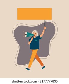 Women support protest. A young woman shouts through megaphones, supporting the protests . Flat design colorful illustration. Protest of an aggressive person at a political meeting