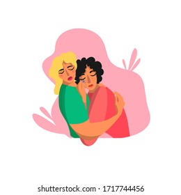 Women support vector illustration. Two girls hugg each other cartoon drawing. Kindness and responsiveness feminism concept art. Psychological support for women. 