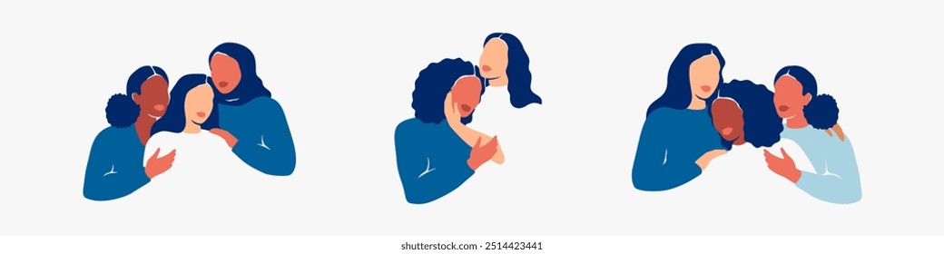 Women support woman with depression. Community cares and helps girl with mental disorder. Sisterhood protect from domestic violence and physical safety for females. Vector illustration