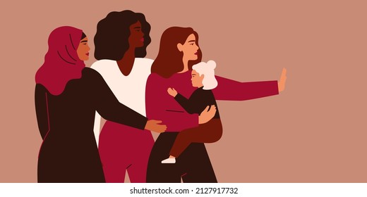 Women support young mother who holds child at the hands. Female community help and care about single moms with children. Social Aid for safe motherhood Concept. Vector illustration