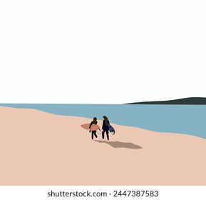 Women with surfboard walking on the sand beach. Enjoying their vacations outdoors. Active sport lifestyle and summer vacation.