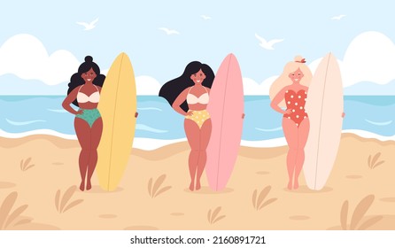 Women with surfboards on the beach. Hello summer, summer activity, summertime, surfing. Hand drawn vector illustration 