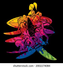 Women Surfer Action Surfing Sport Female Players Cartoon Graphic Vector