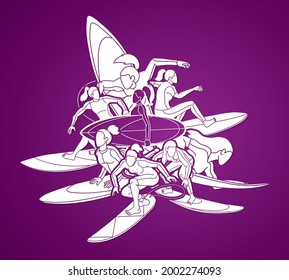 Women Surfer Action Surfing Sport Female Players Cartoon Graphic Vector