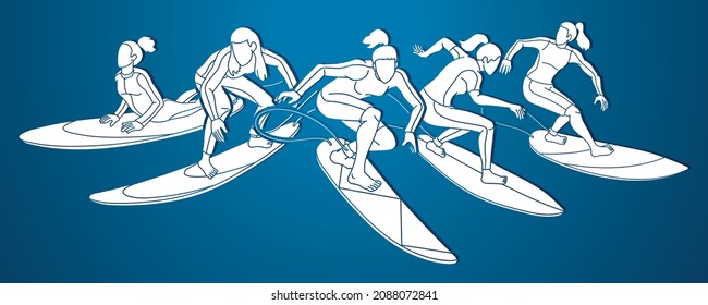Women Surfer Action Surfing Sport Players Cartoon Graphic Vector