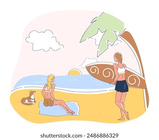 Women surfers at beach. Young girl with surfboard and friend on blanket sitting near sea. Holiday and vacation in tropical countries. Linear vector illustration isolated on white background