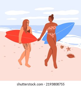 Women surfers walking along beach with surfboards. Girls in bikini going to surfing on summer holiday. Active female friends at sea resort on seaside sport vacation. Flat vector illustration