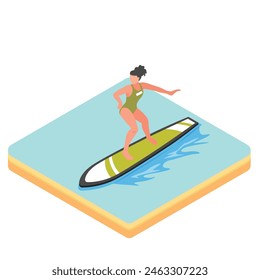 Women surfing on summer beach Isometric