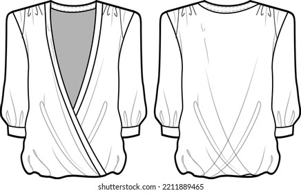 Women surplice blouse top design with three quarter sleeve details  flat sketch fashion illustration with front and back view