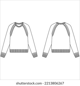 women  sweatshirt technical fashion illustration with DropSholder, With, long sleeves. Flat outwear jumper apparel template front, back, white color. Women men, unisex top CAD