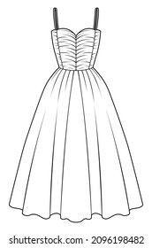 women sweetheart neck prom capsule dress with shoulder strap, midi length full skirt evening gown fashion flat sketch vector illustration.