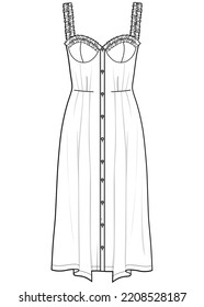 Women Sweetheart Neck Ruffle Strap Sleeve Sundress, Button Down Dress Flat Sketch Vector Illustration.