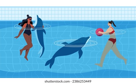 Las mujeres nadan con el concepto de delfines. Muchachas con trajes de baño en piscina con animales náuticos. La gente descansa y descansa en el zoológico con los habitantes del mar. Dibujo vectorial plano de dibujos animados