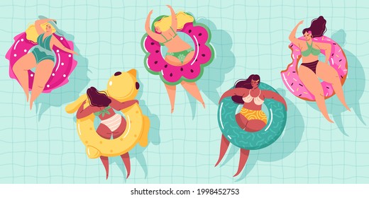 Women Swim Ring. Happy Body Positive Girls Floating In Pool On Inflatable Circles, Summer Vacations In Sea, Ocean Leisure Time, Relaxed People In Water. Vector Modern Cartoon Isolated Set