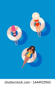 Women in swim suits lying on floating swimming pool mattresses. Summer pool party invitation design. Flyer or banner template. Flat design elements, minimalist style. Vector illustration.