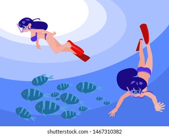 Women swim under the water in a scuba diving with fish.vector illustration underwater